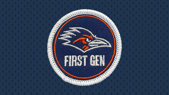 A mockup of UTSA's first-gen patch for student athletes features a white and orange roadrunner image and the words "first gen" underneath